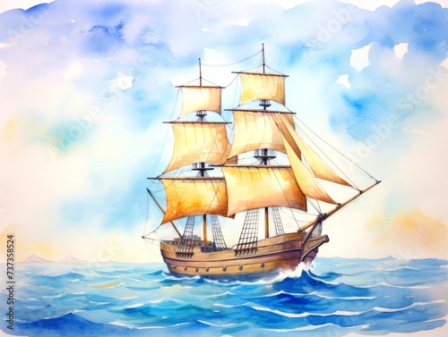 Sailboat, vintage ship with sails in the ocean. Seascape in watercolor in pastel colors
