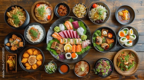 an overhead view of a variety of sushi dishes and bowls on a wooden table with chopsticks, chopsticks, and sauces.