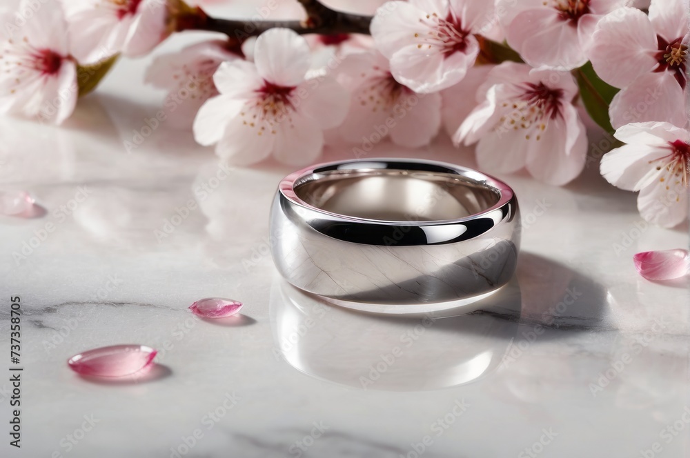 silver ring with flowers on marble top, with copyspace silver ring with flowers on marble top, with copyspace