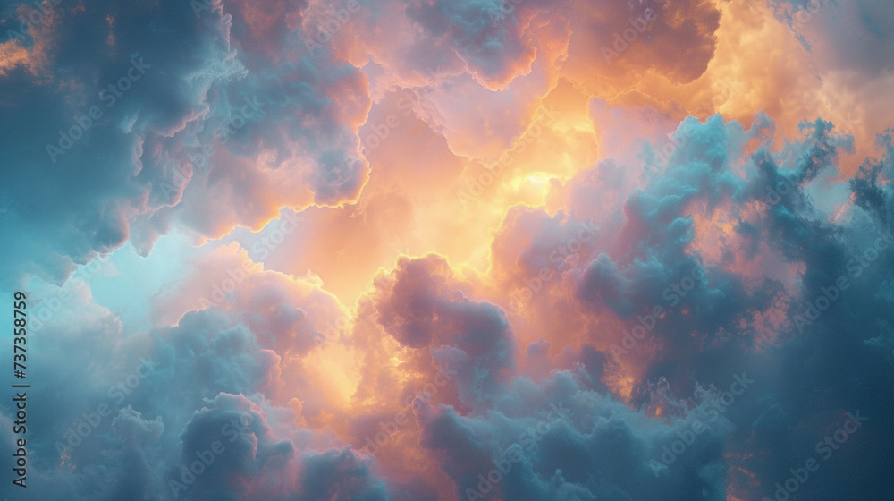 Nebulous clouds of azure and apricot merging in an abstract dance, evoking a sense of serenity and wonder. 