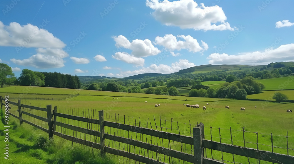 Relaxing and Enjoying a Sunny Day at a Picturesque Farm, Beautiful Landscape View of Rolling Hills, Green Fields, Grazing Sheep, Blue Sky and Fluffy Clouds, Rustic Wooden Fence Leading to Distance