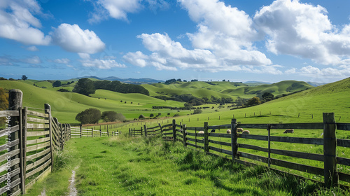 Relaxing and Enjoying a Sunny Day at a Picturesque Farm, Beautiful Landscape View of Rolling Hills, Green Fields, Grazing Sheep, Blue Sky and Fluffy Clouds, Rustic Wooden Fence Leading to Distance