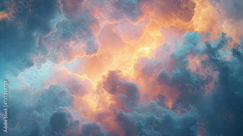 Nebulous clouds of azure and apricot merging in an abstract dance, evoking a sense of serenity and wonder.  photo