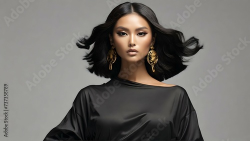 Create a visually stunning Versace inspired photoshoot featuring a tanned Asia supermodel wearing black oversized t-shirt, from the back point of view ISO 400, surrealistic, 8k, full frame,