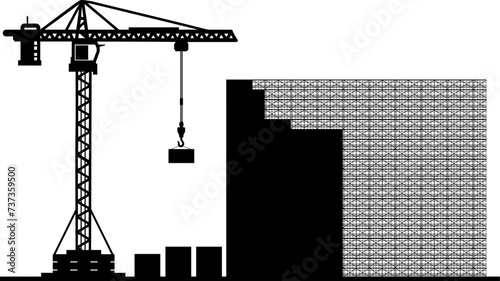 Vektor Silhouetten Bauindustrie - Gebäude Halle Baustelle mit Baukran und Gabelstapler - Bau Projekt Fassade