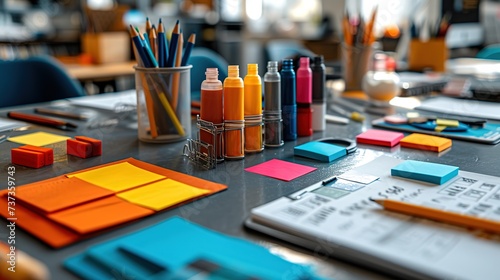 An array of colorful craft supplies, including paint bottles and sticky notes, arranged on a designer's workspace.