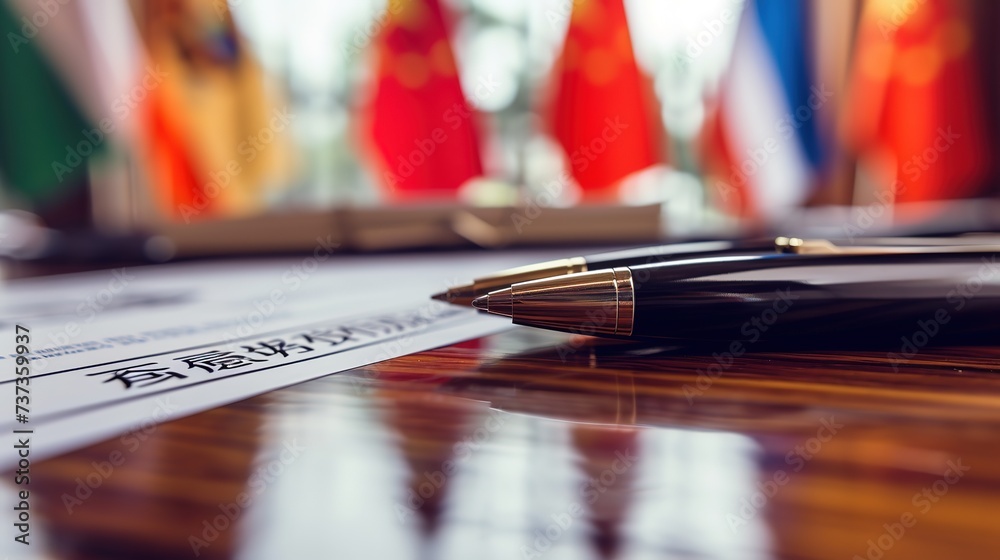 Close-up of a luxurious pen resting on a document with Chinese characters, with international flags blurred in the background. - obrazy, fototapety, plakaty 