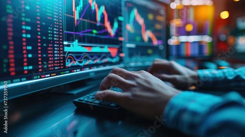 Hands of a trader actively working on a keyboard with live stock market data displayed across multiple trading screens, indicating market dynamics.