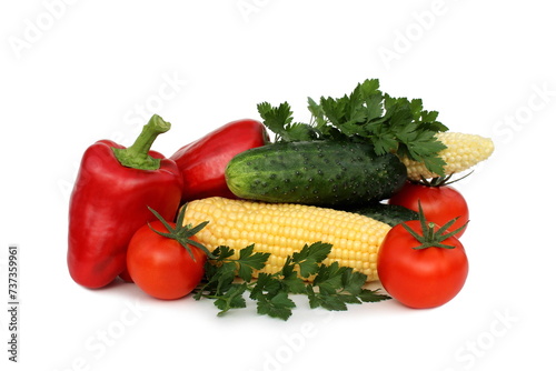 Fresh harvest of vegetables lie on a white background.