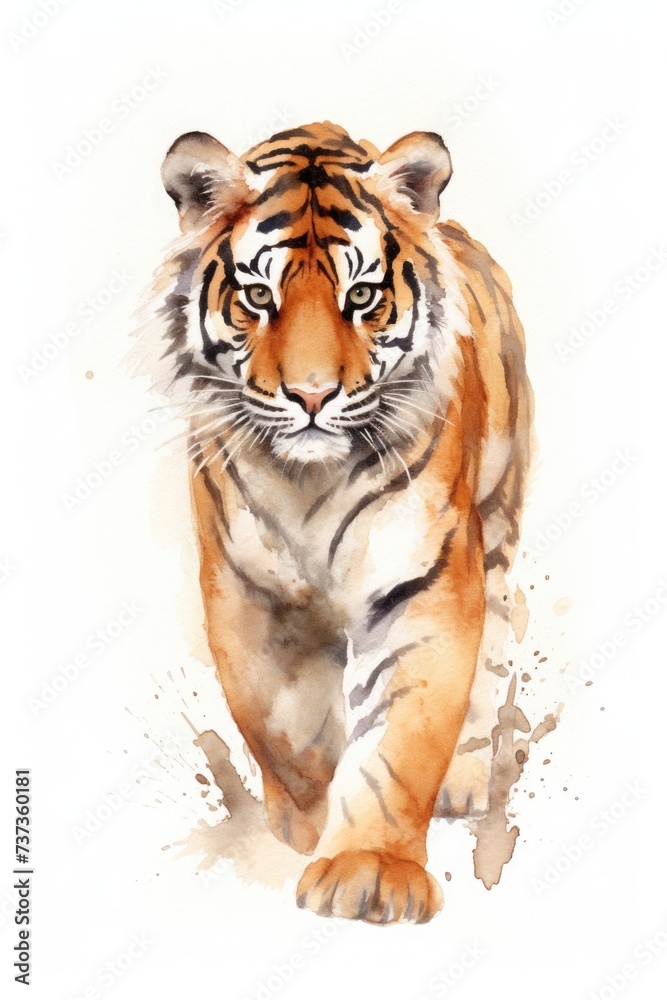 watercolor tiger drawing with paints. art illustration of a wild animal on a white background. drops and splashes.
