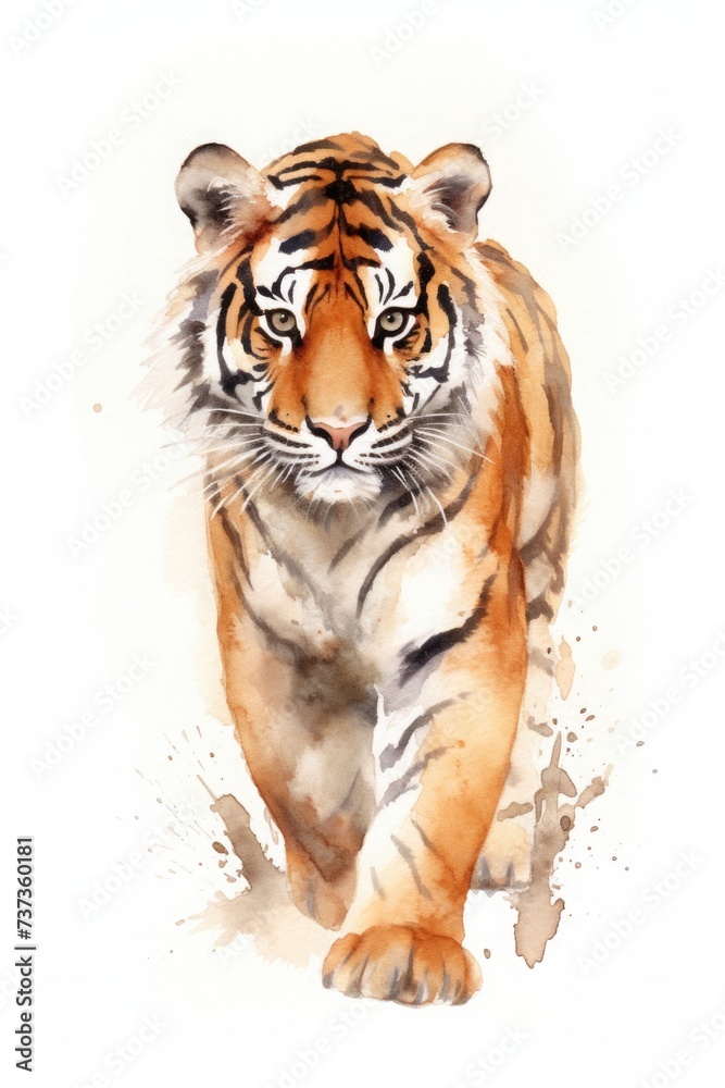 Obraz premium watercolor tiger drawing with paints. art illustration of a wild animal on a white background. drops and splashes.