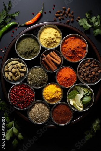 Many multi colored spices. jars and plates with powder. on the table. Background concept with spices.