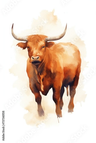 watercolor bullock, ox drawing with paints. art illustration of a wild animal on a white background. drops and splashes.