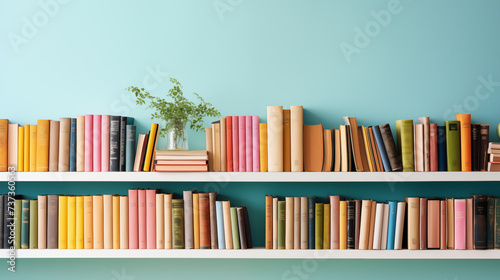 The shelves on the turquoise wall hold many colorful books and a vase of flowers.