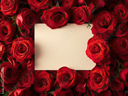 frame for valentine s day  center is white  blank copy space  surrounded by red roses  aerial view  ultra realistic  natural light. 
