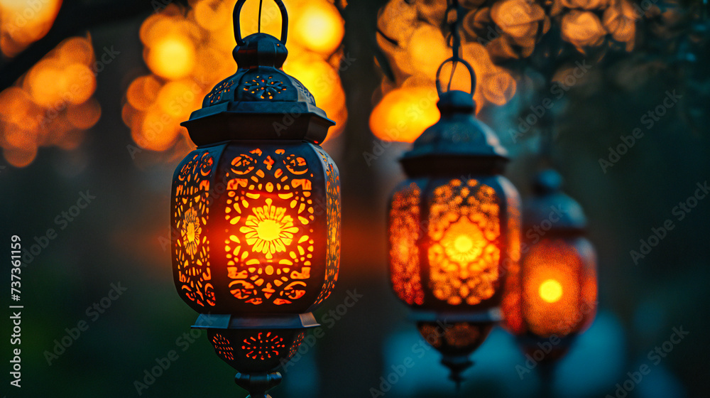 Oriental glow, decorative lanterns lighting up with traditional patterns, offering a glimpse into the richness of Arab culture