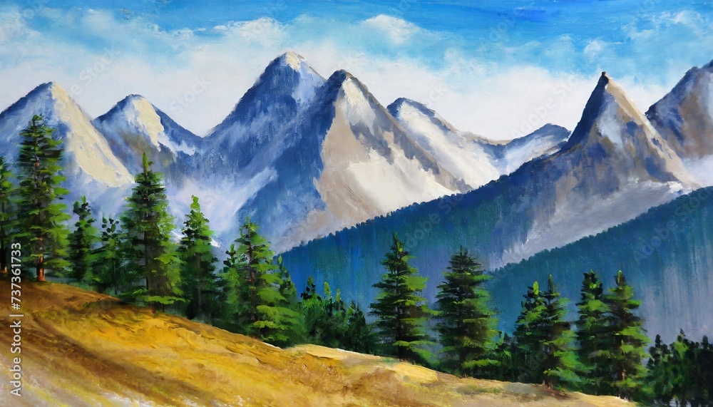 Obraz premium Painting of mountain peaks with pine forest. Natural landscape.