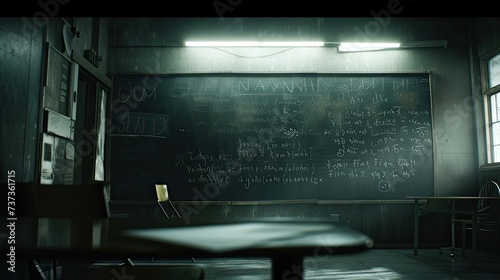 front view, a lot of mathematical equations on the blackboard, soft light © paisorn