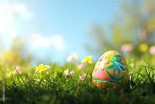 colorful easter egg closeup on green grass on a bright sunny day, concept of celebrating easter and searching for easter eggs with copyspace photo