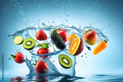 Fresh multi fruits and vegetables splashing into blue clear water splash healthy food diet freshness concept isolated on white background
