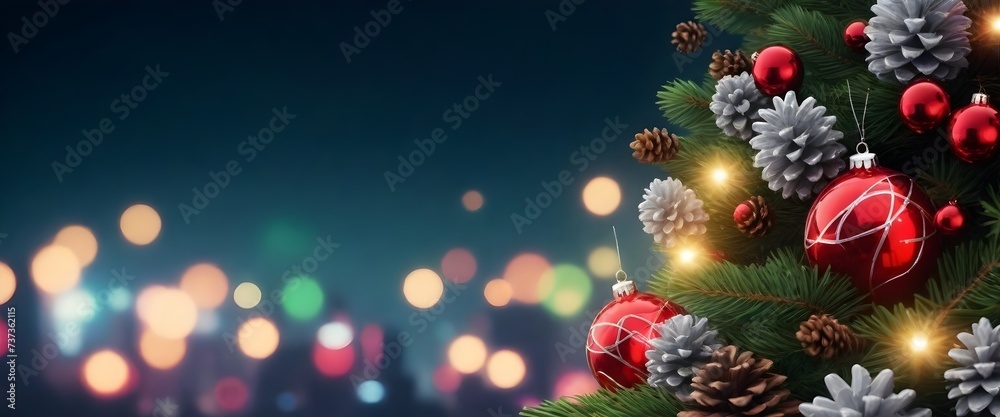 A close-up of a red Christmas ornament hanging from a pine branch with pine cones against a blurred cityscape at night with colorful bokeh lights