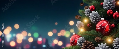 A close-up of a red Christmas ornament hanging from a pine branch with pine cones against a blurred cityscape at night with colorful bokeh lights