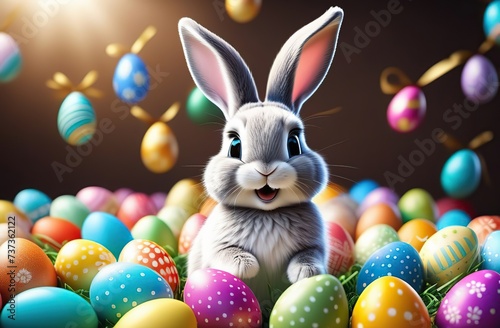 Happy Easter bunny with many colorful Easter eggs. the rabbit smiles. eggs fly.