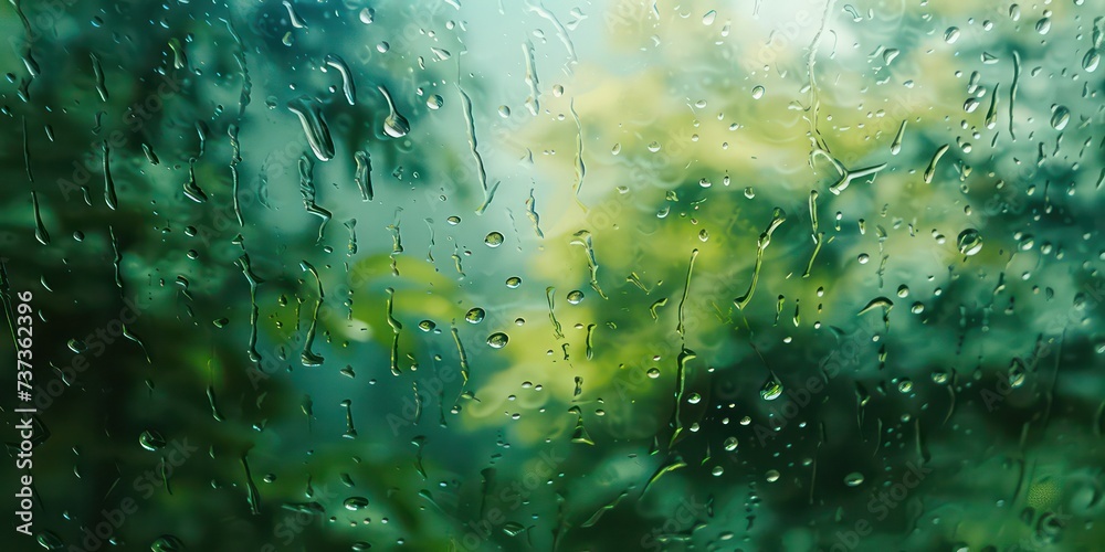 Soft patter of rain on a vivid soft green glass, blending tranquility with the vibrancy of color. - obrazy, fototapety, plakaty 
