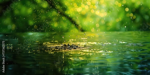 Soft patter of rain on a vivid soft green glass, blending tranquility with the vibrancy of color.