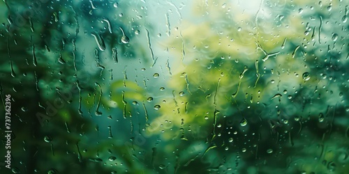 Soft patter of rain on a vivid soft green glass, blending tranquility with the vibrancy of color. photo