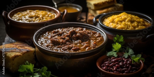 Hearty stew in earthenware pots with cornbread and condiments on a rustic table