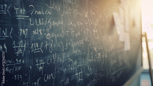 front view, a lot of mathematical equations on the blackboard, soft light photo