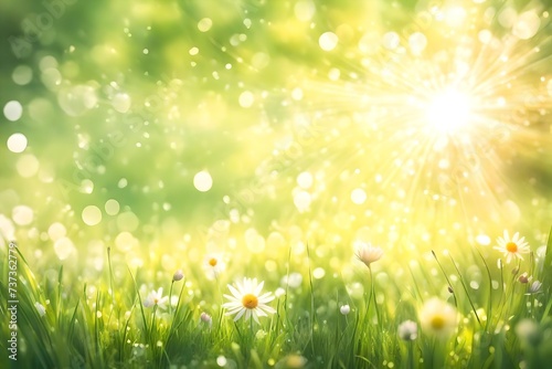 Soft defocused spring background with a sunburst and bokeh over lush green grass