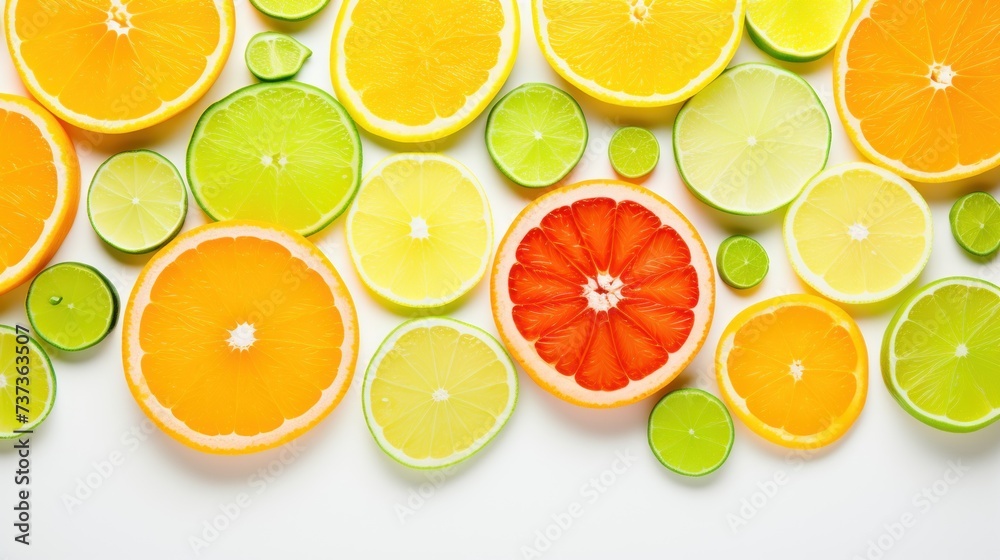 oranges, limes, and grapefruits cut in half on a white background with green leaves. oranges, limes, and grapefruits cut in half on a white background with green leaves.