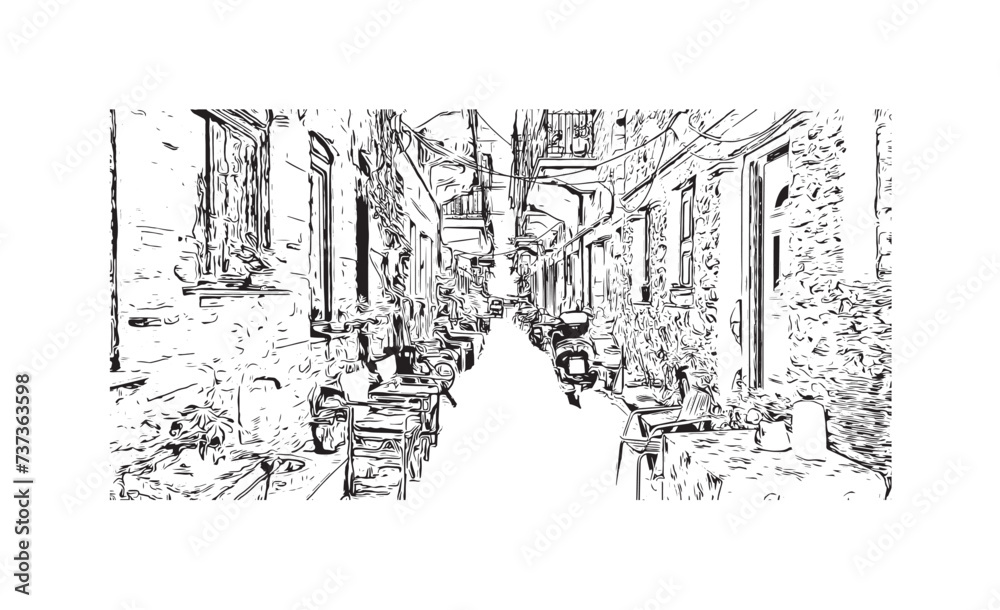 Fototapeta premium Building view with landmark of Kos city. Hand drawn sketch illustration in vector.
