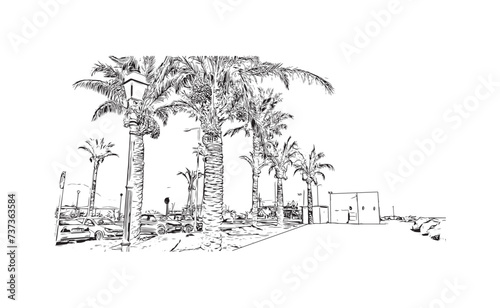 Building view with landmark of Kos city. Hand drawn sketch illustration in vector.