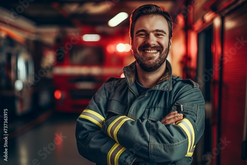 Portrait of a smiling firefighter on the background of a fire station