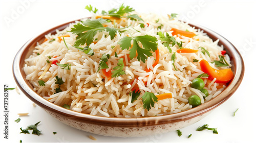 Rice with Vegetables in Plate Isolated on White Background.