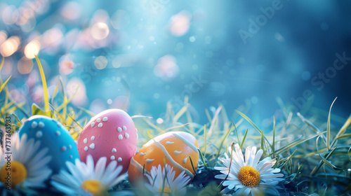 easter eggs and flowers with copy space area 