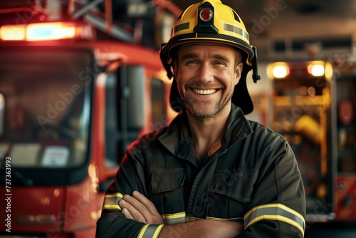 Portrait of a smiling firefighter on the background of a fire station