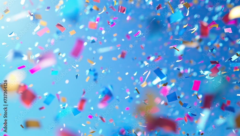 Blue background with flying confetti. The concept of joy and celebration.