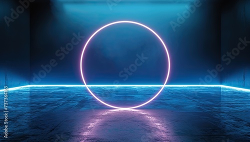 Neon circle on a dark background with blue light. The concept of modernism and futurism.