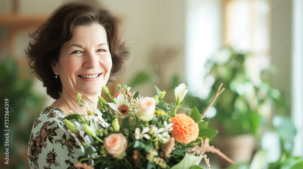 A middle-aged Caucasian woman beaming with happiness holds bright bouquet of flowers in bright room. Festive concept spring holidays A middle-aged Caucasian woman beaming with happiness holds bright bouquet of flowers in bright room. Festive concept spring holidays