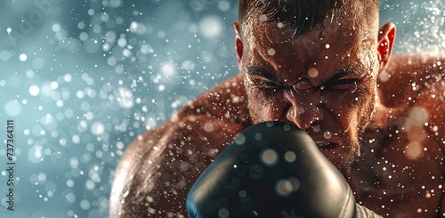 Boxer in gloves exerting effort with water splashes. The concept of strength, struggle, and endurance. photo