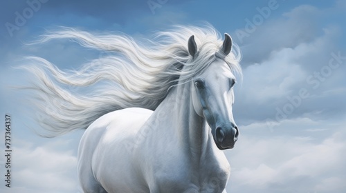 a painting white horse with long white hair blowing in the wind in front cloudy blue sky.
