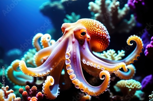 Bright octopus in a coral reef