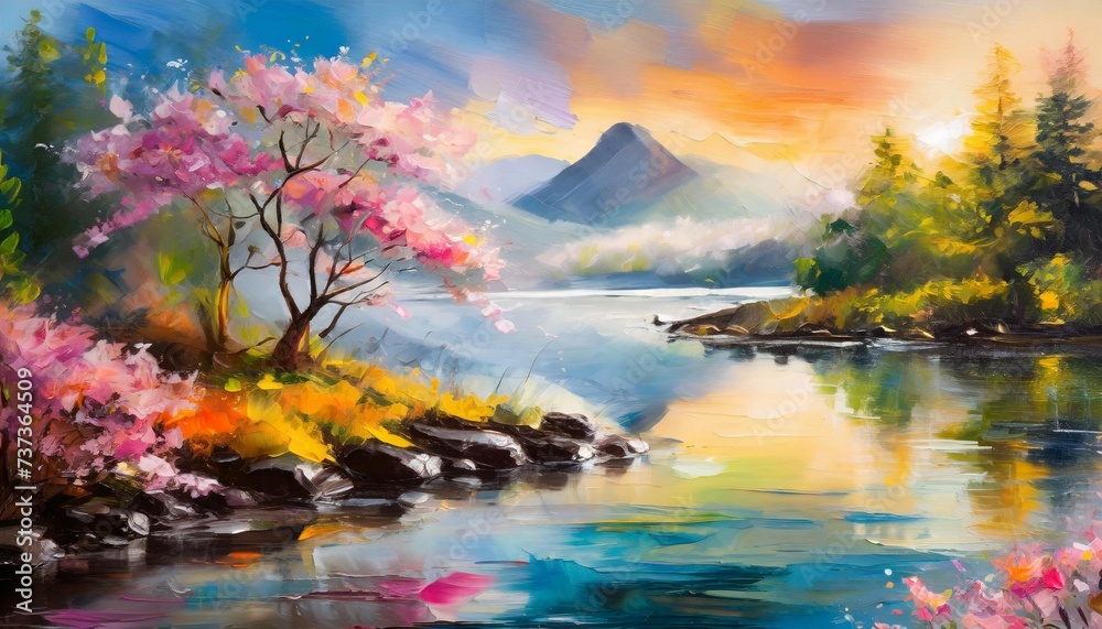 Oil painting of mountain peaks, river or lake, blooming nature and tree with pink flowers. Natural landscape.