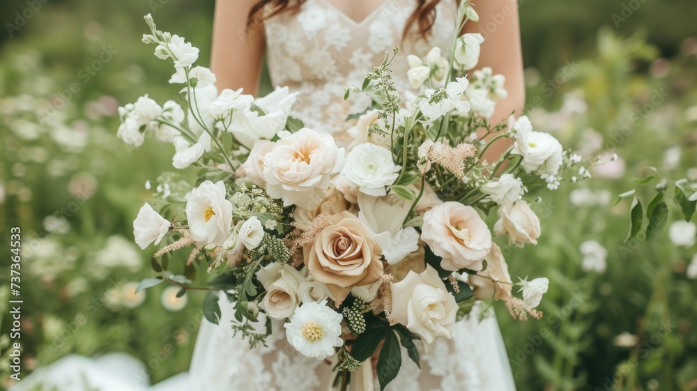 Bride Holding a Bouquet of Roses and Baby's Breath in a Sunlit Garden Bride Holding a Bouquet of Roses and Baby's Breath in a Sunlit Garden