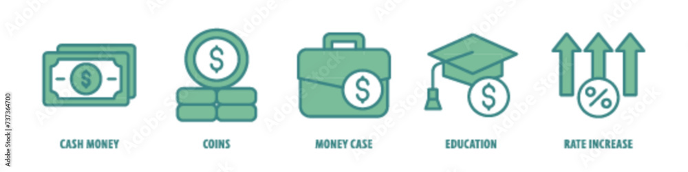 Rate Increase, Education, Money Case, Coins, Cash Money editable stroke outline icons set isolated on white background flat vector illustration. Rate Increase, Education, Money Case, Coins, Cash Money editable stroke outline icons set isolated on white background flat vector illustration.