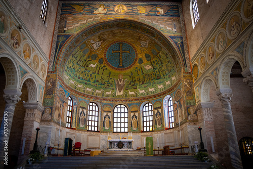 Interior of Basilica of Sant   Apollinare in Classe  which has important examples of early Christian Byzantine art and architecture. Ravenna  Emilia Romagna  Italy  Europe.